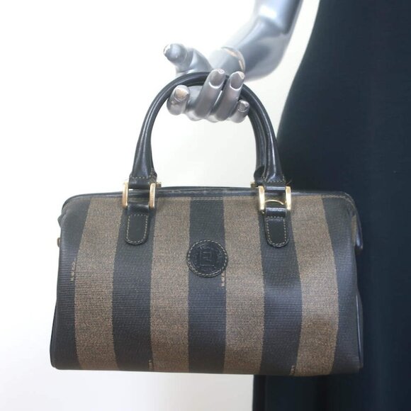 Vintage Fendi Pequin Small Boston Bag Brown Striped Canvas - Picture 1 of 16